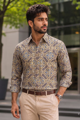 Green Full Sleeve Ajrakh Printed Cotton Mens Shirt 10071166