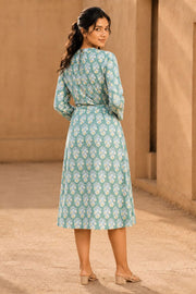 Sage Green Hand Block Printed Cotton Dress 10077620