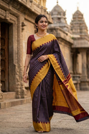 Brown Ettukol Kanjivaram Silk Saree with Temple Border 10077912