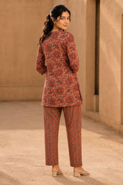 Rustic Brown Hand Embroidered Cotton Top & Pant Set 10077650