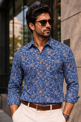 Blue Full Sleeve Ajrakh Printed Cotton Mens Shirt 10072999