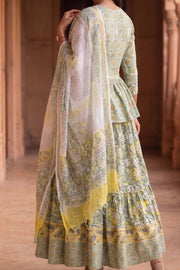 Green Hand Block Printed Cotton Chaniya Choli With Kota Doria Dupatta 10066330