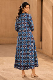 Blue Hand Embroidered Cotton Dress with Jacket 10077640