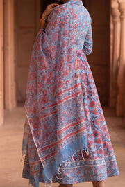 Blue Hand Block Printed Chaniya Choli With Kota Doria Dupatta  10066331