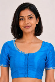 Copper Sulphate Blue Aari Embroidered Kanjivaram Silk Blouse - 10064340