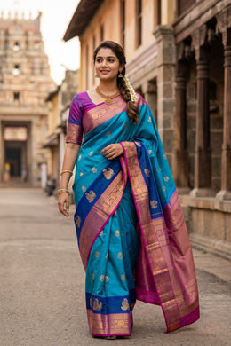 Anandha Blue Kanjivaram Silk Saree with Floral Border 10078187