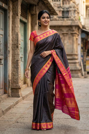Snuff Brown Kanjivaram Pure Silk Saree With Temple Border 10077893