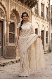 Off White Chikankari Embroided Organza Saree 10078116