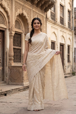 Off White Chikankari Embroided Organza Saree 10078116