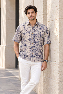 Blue Half Sleeve Batik Printed Cotton Mens Shirt 10076356