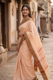 Beige Handloom Chettinad Cotton Saree With Temple Border 10077298