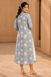 White Embroidered Midi Coat Cotton Dress with Blue Jacket 10077646