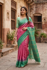 Pink Semi Tussar Saree with Zari Border 10078211
