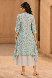 Blue Printed Cotton Dress With Coat 10077618