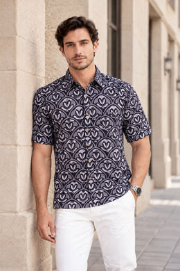 Black Half Sleeve Jahota Printed Cotton Mens Shirt 10074414
