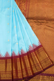 Gadwal Kuttu Weave Handloom Silk Saree in Light Sky Blue with Reddish Brown Zari Border and Pallu 10062951