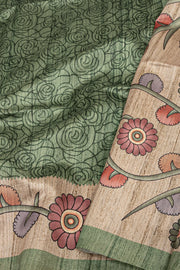 Green Kalamkari Print Semi Tussar Silk Saree 10077262