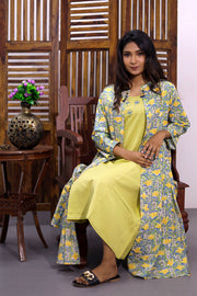 Pista Green Hand Block Printed Midi Coat Cotton Dress With Jacket 10062676