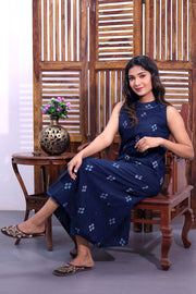 Navy Blue Handloom Cotton Dress with High Neck Design 10062662