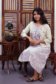 Offwhite Hand Block Printed Midi Coat Cotton Dress With Jacket 10062642