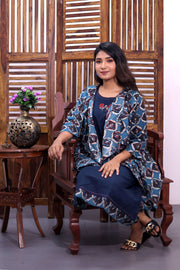 Blue Hand Embroidered Midi Coat Cotton Dress with Jacket 10062667