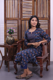 Blue Hand Block Printed Cotton Kurta 10062695