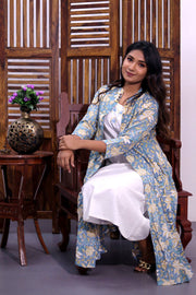 White Embroidered Midi Coat Cotton Dress with Blue Jacket 10062673