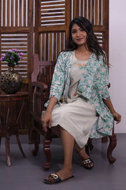 Blue Printed Midi Coat Cotton Dress With Jacket 10062645