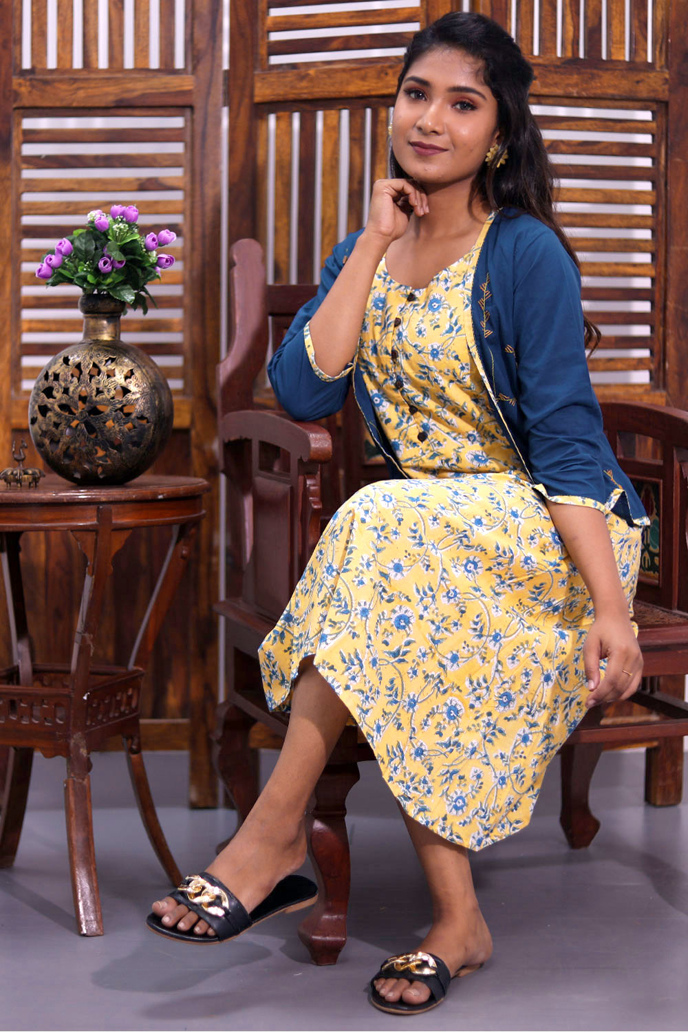 Yellow Hand Block Printed Cotton Dress With Jacket 10062643
