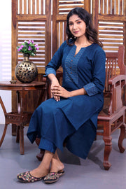 Blue Hand Block Cotton Kurta with Embroidered Yoke 10062688