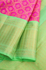 Brilliant Rose Korvai Kanjivaram Pure Zari Handloom Silk Saree with Floral Trellis Motifs and Contrast Green Zari Border 10062462
