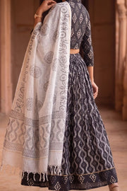 Black Hand Block Printed Cotton Chaniya Choli With Kota Doria Dupatta 10066319
