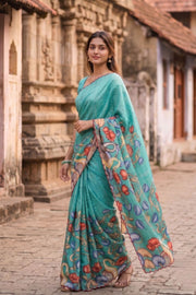 Green Printed Kalamkari Semi Tussar Silk Saree 10074913