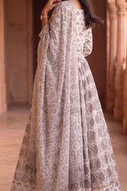 Mist Grey Hand Block Printed Cotton Chaniya Choli With Kota Doria Dupatta 10066312