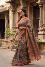 Brown Printed Semi Tussar Silk Saree 10077230