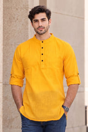 Yellow Full Sleeve Slub Cotton Shirt Length Men's Kurta 10077842