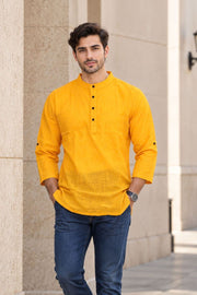 Yellow Full Sleeve Slub Cotton Shirt Length Men's Kurta 10077842