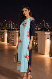 Pastel Blue Printed Vegan Charmeuse Silk Dress 10077272