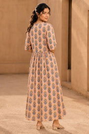 Peach Hand Block Printed Cotton Dress 10077621