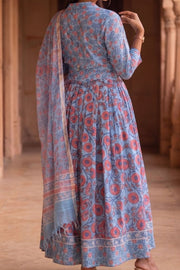 Blue Hand Block Printed Cotton Chaniya Choli With Kota Doria Dupatta 10066328