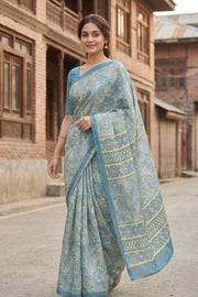 Blue and Red Kani Printed Silk Saree 10077875
