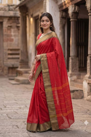 Tomato Red Handloom Chettinad Cotton Saree 10077346