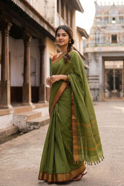 Leaf Green Handloom Chettinad Cotton Saree 10077341