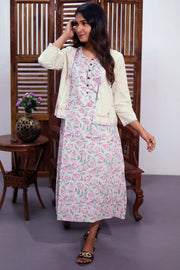 Offwhite Hand Block Printed Midi Coat Cotton Dress With Jacket 10062642