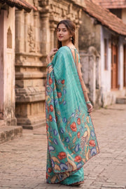 Green Printed Kalamkari Semi Tussar Silk Saree 10074913