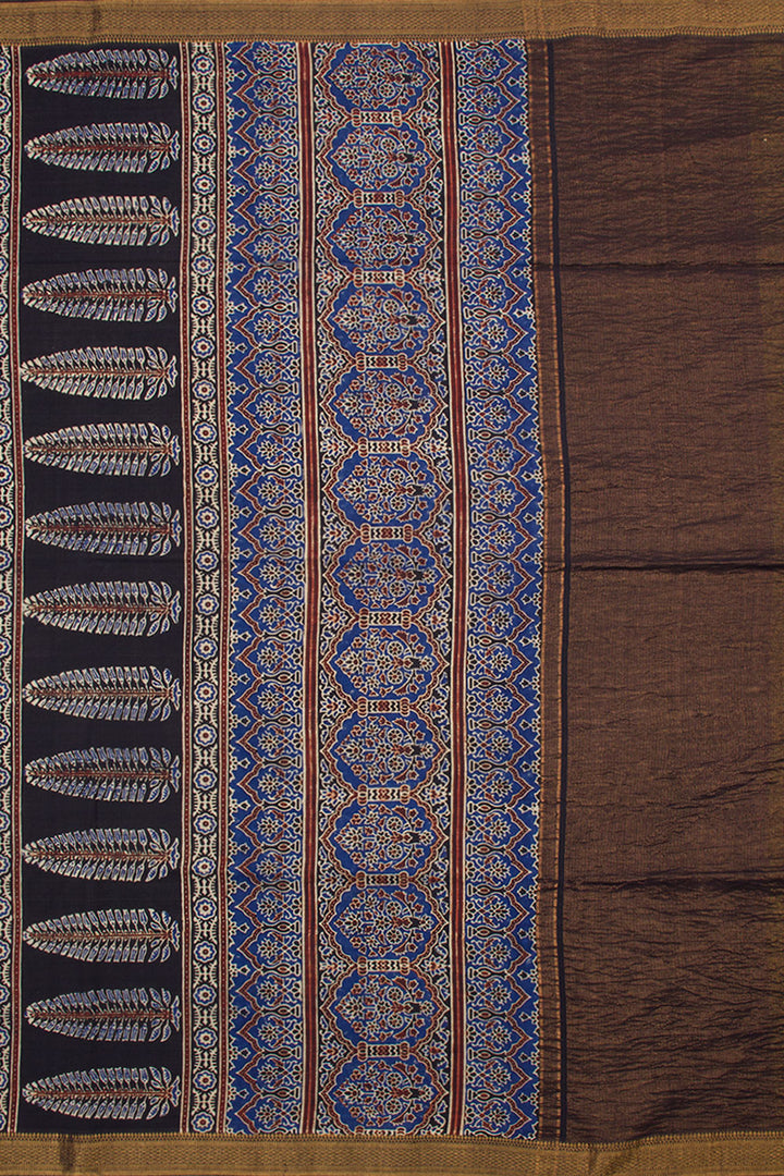 Black Ajrakh Printed Mangalgiri Cotton Saree 10062899