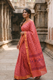 Coral Pink Floral Printed Sungudi Saree 10078049