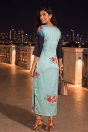 Pastel Blue Printed Vegan Charmeuse Silk Dress 10077272