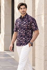 Maroon Half Sleeve Jahota Printed Cotton Mens Shirt 10074319