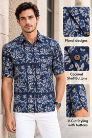Blue Half Sleeve Jahota Print Cotton Mens Shirt 10077850